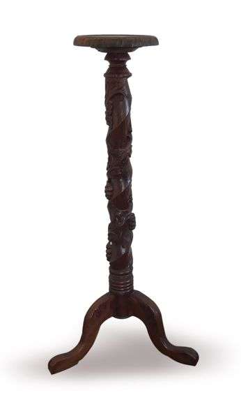 Carved Wooden Plant Stand with Figural and Foliage Details image