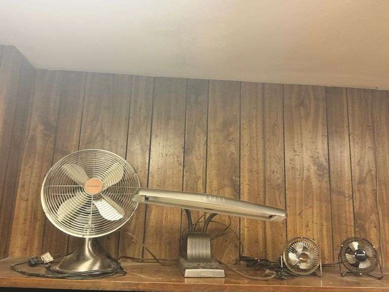 Three Metal Fans & Desk Lamp image