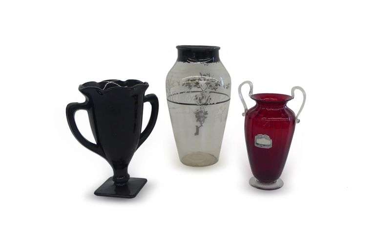 Three Vases - Red, Black, and Clear Glass image