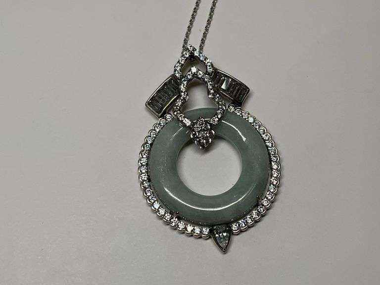 Sterling Silver Green Jade, Multi Baguette & Round CZ Gem 2 in. Pendant...18 in. Necklace image