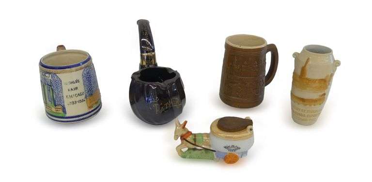 Chicago World's Fair 1933-1934 Souvenir Ceramics - Mugs, Pipe, and Donkey Cart image