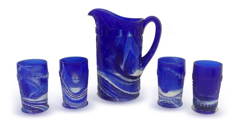 Stunning Cobalt Blue Swirl Glass Pitcher with Four Tumblers image