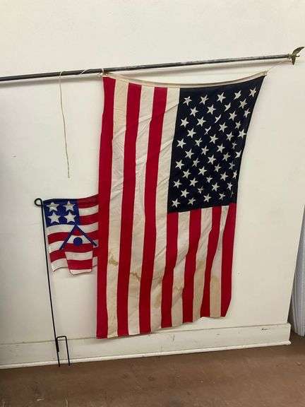American Flag (has stain) and Stars. Stripes, and Birdhouse Garden Flag image
