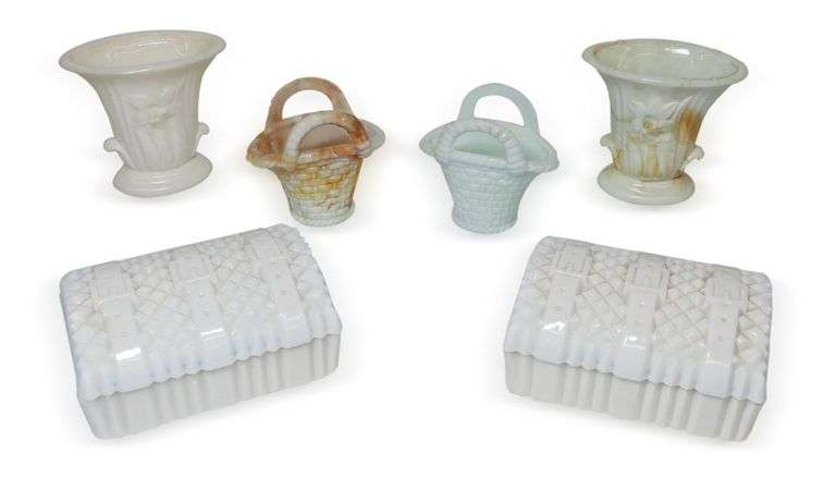 Group of Milk Glass Vases and Covered Boxes image