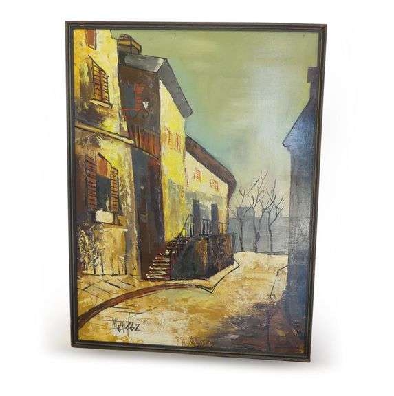 Framed Street Scene Painting Signed Mendez image