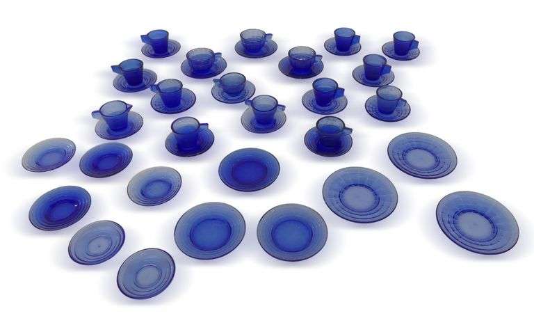 Akro Agate Blue Glass Miniature Cup and Saucer Collection image