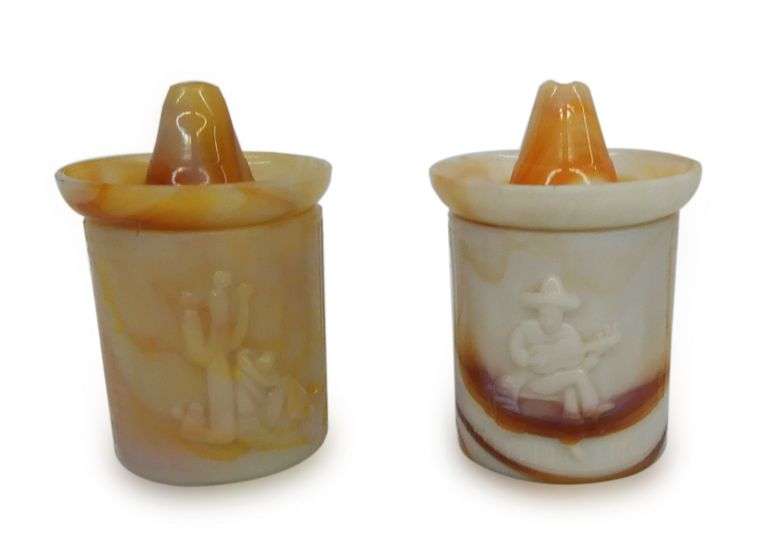 Pair of Akro Agate Mexicali Jars with Sombrero Lids image