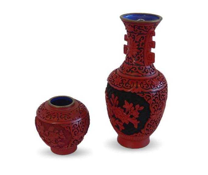 Two Carved Cinnabar Vases image