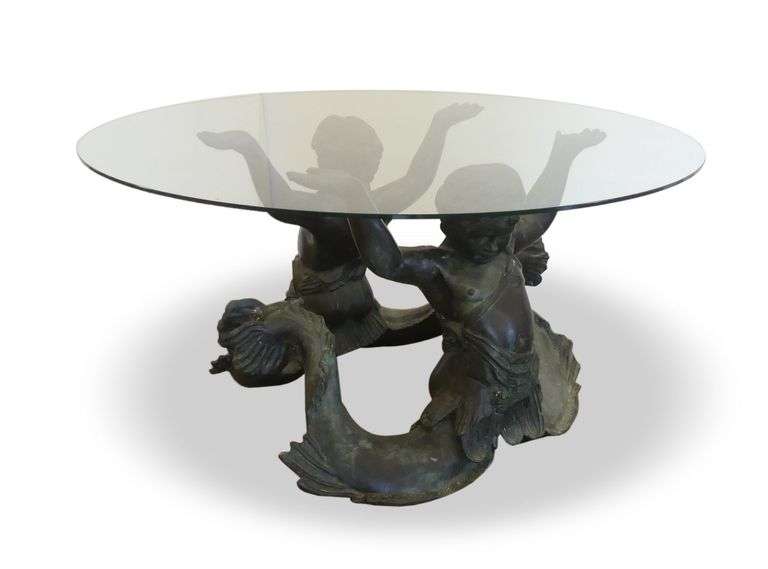 Sculptural Bronze Finish Dolphin and Cherub Base Glass Top Coffee Table image