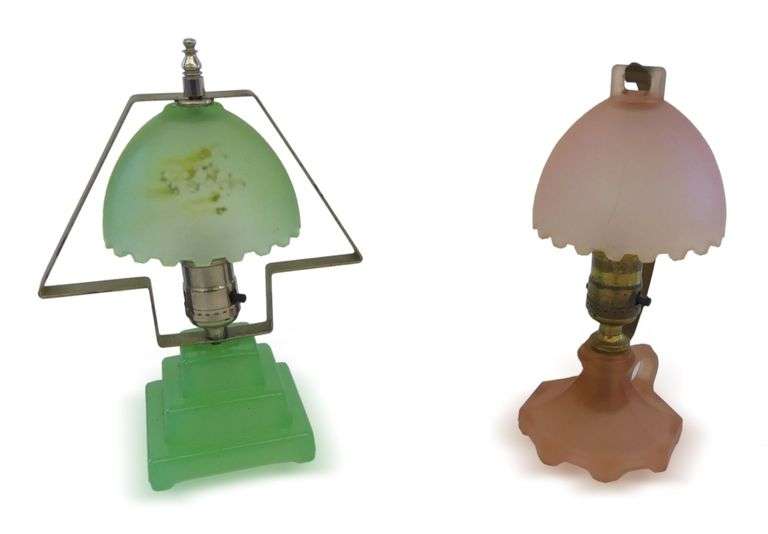 Two Unique Glass Table Lamps...Pink and Green Glass image