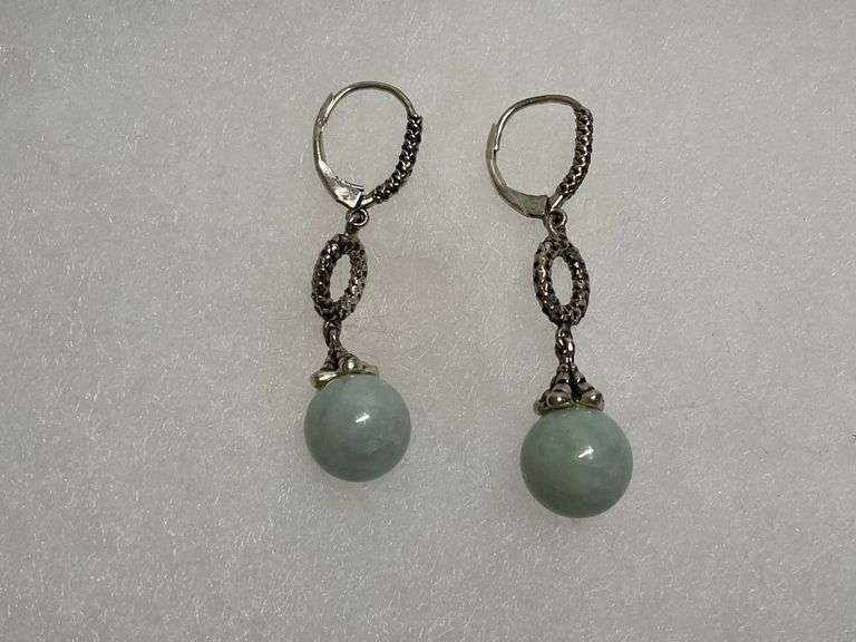 Sterling Silver 10mm Green Jade Sphere Leverback 1.625 in. Double Dangle Earrings image