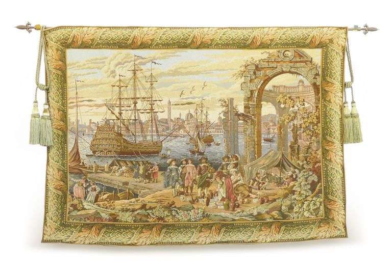 Woven Tapestry of a Ship and Harbor Scene image