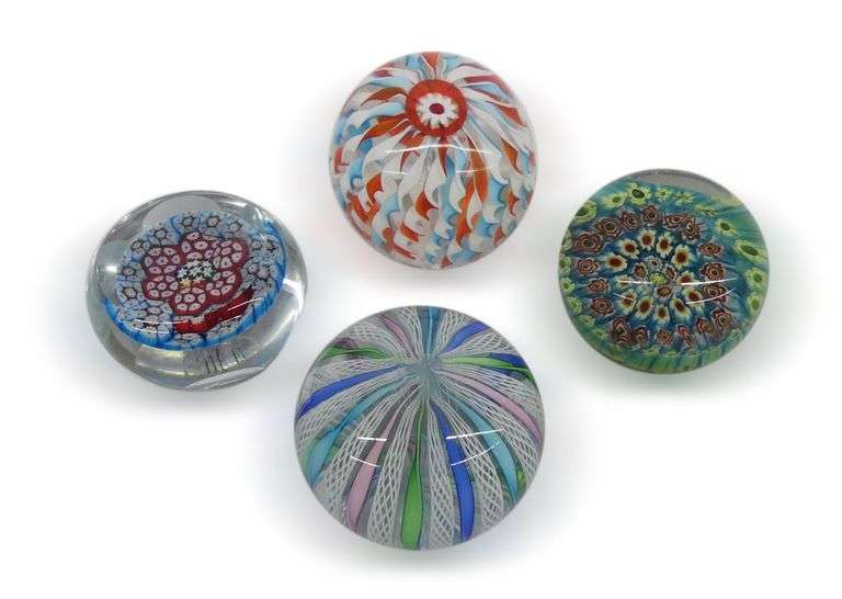 Four Art Glass Paperweights with Floral and Swirl Designs image