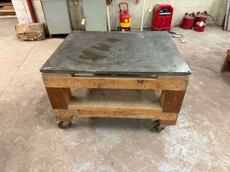 Rolling Wooden Cart w/ Metal Plate Top ... 32 x 47 x 37 in. image