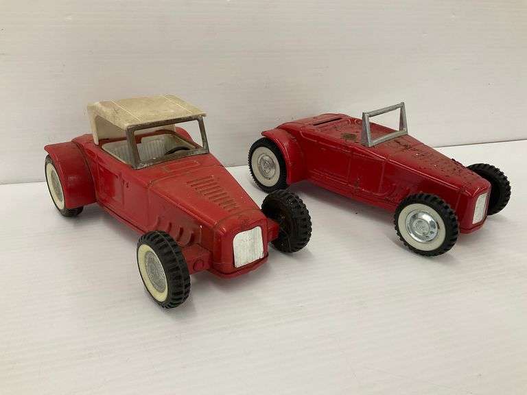 Two Vintage Nylint Red Pressed Steel Roadster Toy Cars - Made in USA image