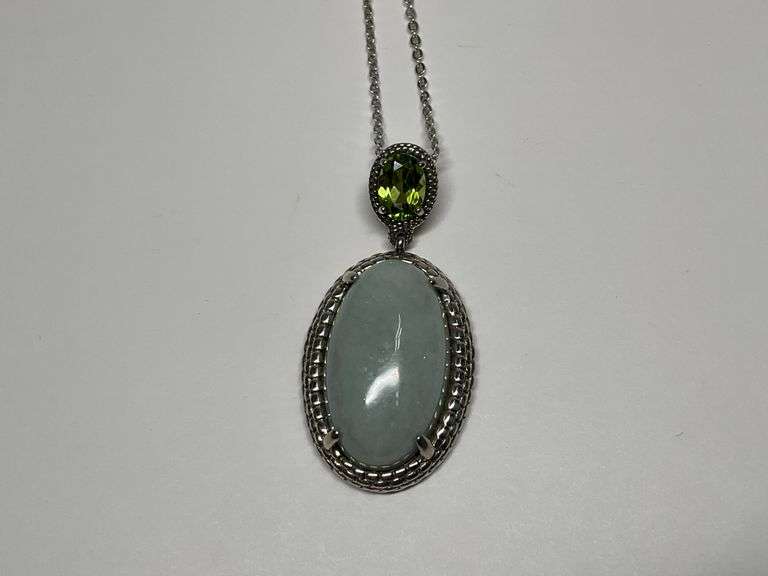Sterling Silver 13x22mm Green Jade & Peridot 1.5 in. Pendant...18 in. Necklace image