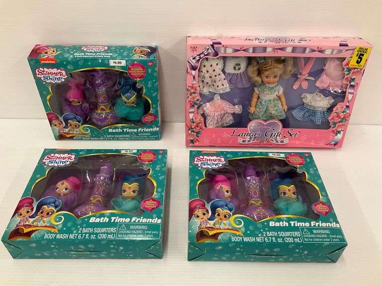 Four New Toys - Shimmer and Shine Bath Time Friends Squirties and Laura's Gift Set Doll with Outfits image