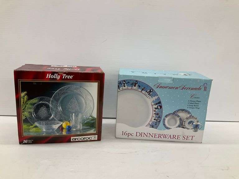 Two New in Box 16-Piece Dinnerware Sets: Holly Tree and Snowmen Serenade II image