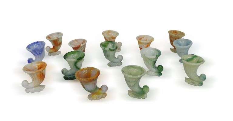 Fourteen Uranium Glass Cornucopia Vessels image