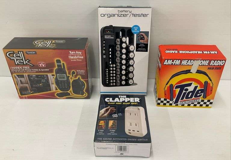 New Items Lot: Cell Tek Hands-Free Car Phone Holder, Battery Organizer, Clapper Sound Activated Switch, Tide AM/FM Headphones image