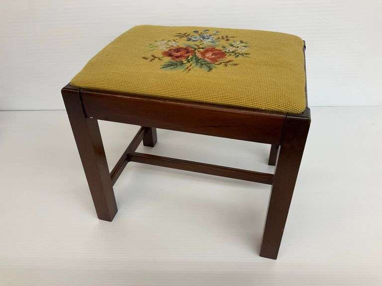 Small Footstool with Floral Needlepoint Seat image