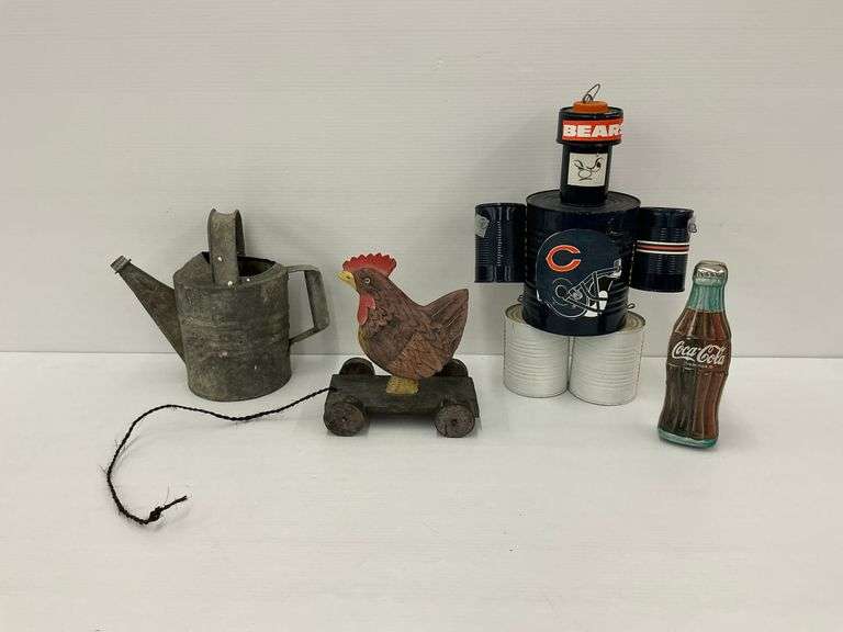 Metal Watering Can, Chicken Toy, Coca-Cola Bottle, Chicago Bears Can Man image