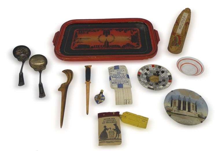 Century of Progress Souvenirs Including Bottle, Spoons, Notebook Paper, and More image