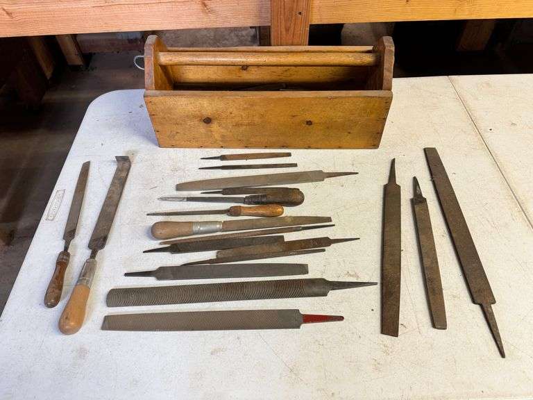 Various Metal Files in Wooden Tote image