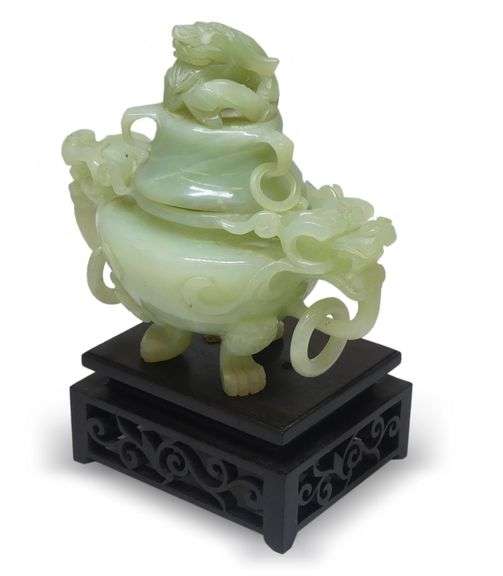 Carved Jade Incense Burner on Wooden Base image