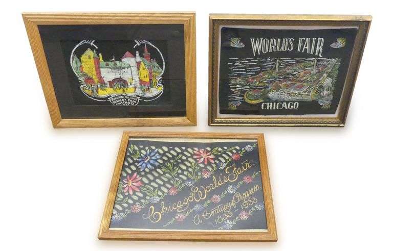 1933-1934 Chicago World's Fair Framed Embroidered Art (Group of Three) image