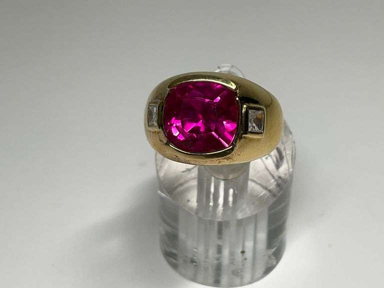 Gold Wash Sterling Silver Cushion Cut Pink Sapphire Gemstone Ring w/CZ Accents...Size 8 image