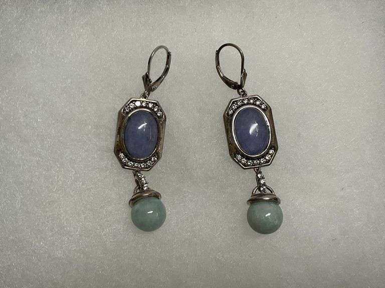 Sterling Silver Lavender & Green Jade w/CZ Accents 2.125 in. Leverback Dangle Earrings image