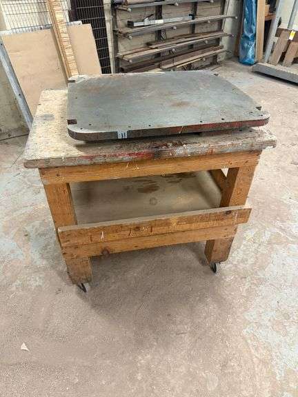 Rolling Wooden Cart w/ Metal Plate ... 38 x 38 x 28 in. image