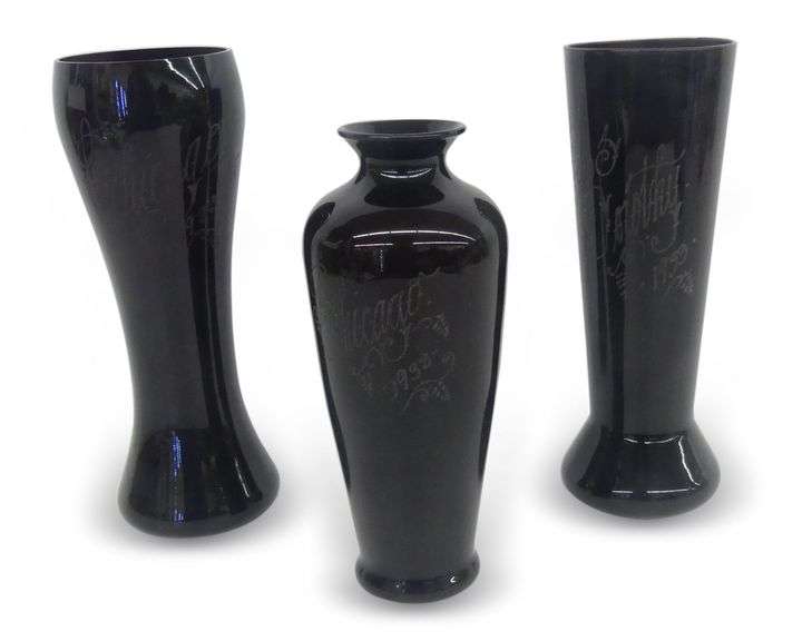 Three Century of Progress Engraved Purple Glass Vases image