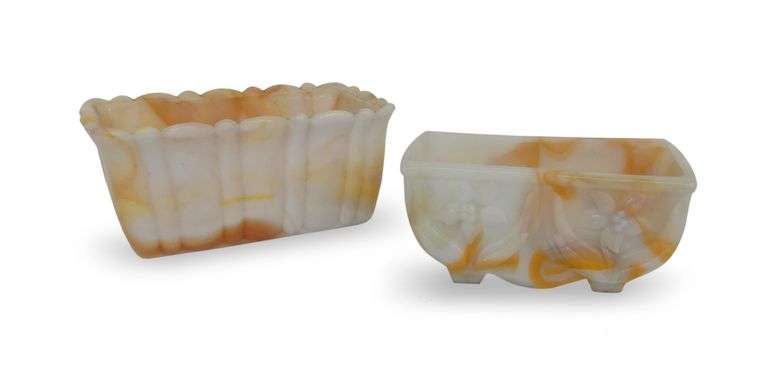 Two Akro Agate White and Caramel Color Swirled Glass Planters image