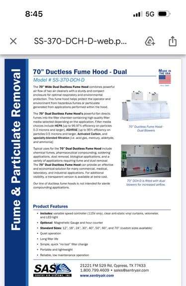 Sentry Air Systems SS-370-DCH-D Ductless Fume Hood image