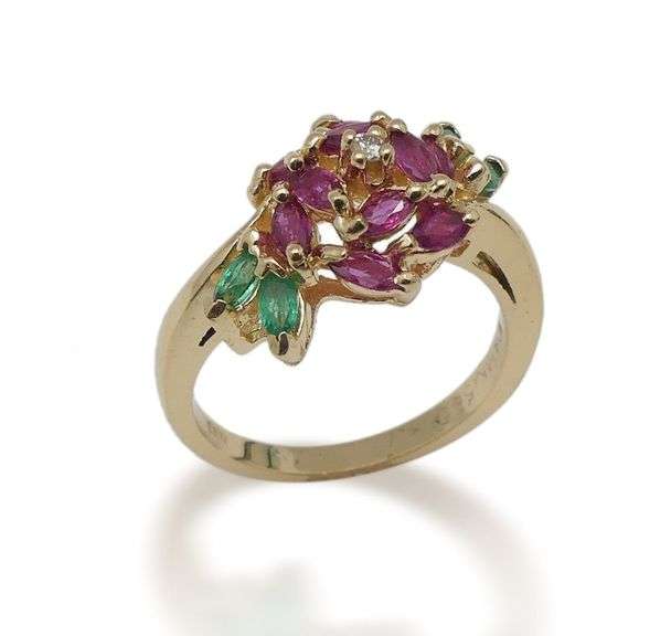 14K Ladies' Gold Ring with Ruby, Emerald, and Diamond Accents..size 6.5 image