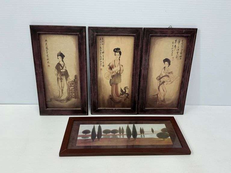 Set of Framed Art Prints - Oriental Figures and Landscape 22in image