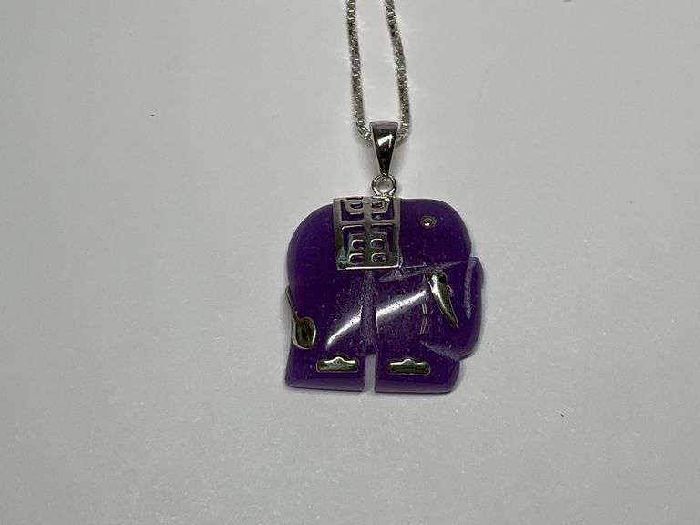 Sterling Silver Art Carved Lavender Jade 1 in. Elephant Pendant...18 in. Boxlink Necklace image