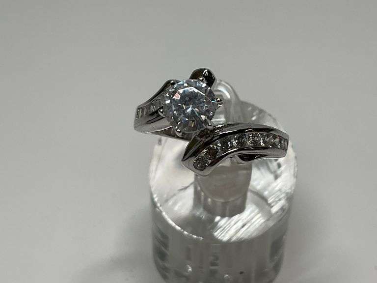 Sterling Silver 6mm CZ Gem Ring w/Baguette & Round CZ Gem Accents..Size 8 image