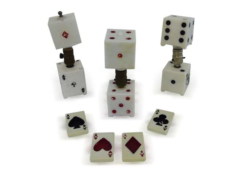Three Novelty Dice and Playing Card Table Lamps with Four Coordinating Coasters image