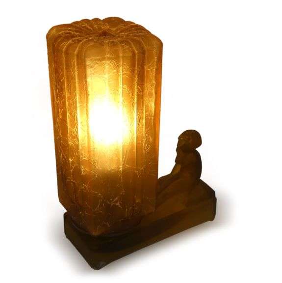 Art Deco Style Amber Glass Lamp with Female Nude Figure image