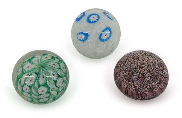 Three Murano Art Glass Paperweights with Floral Designs image