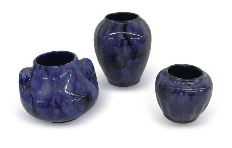 Three Vintage High Gloss Blue Art Pottery Vases image