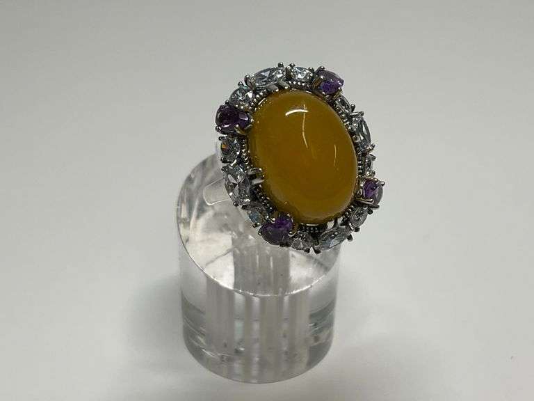 Sterling Silver Lemon Yellow Jade, Multi Amethyst & CZ Gemstone Ring...Size 7 image