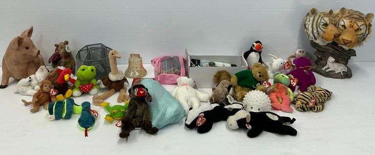 Mixed Lot of Plush Toys, Tiger Statue, and Desk Accessories image