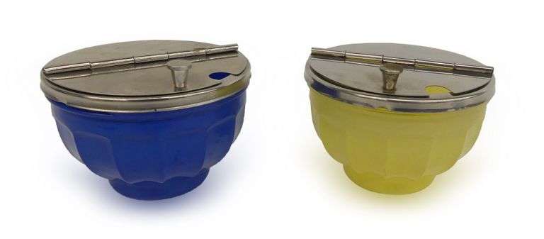 Vintage Glass Sugar Dispensers with Metal Lids - Blue and Yellow image