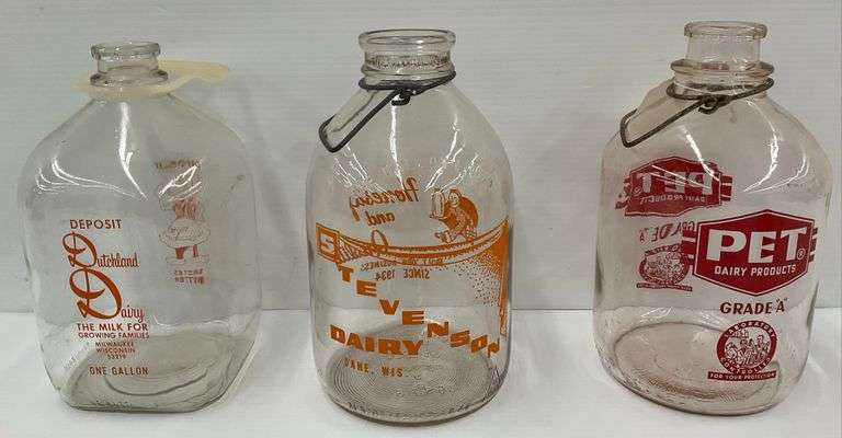 Three Vintage One Gallon Dairy Milk Bottles: Dutchland, Stevenson, and Pet image