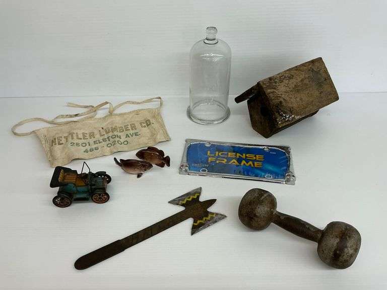 Mixed Lot of Collectible Items - Lumber Apron, Glass Cloche, License Plate Frame, and More image