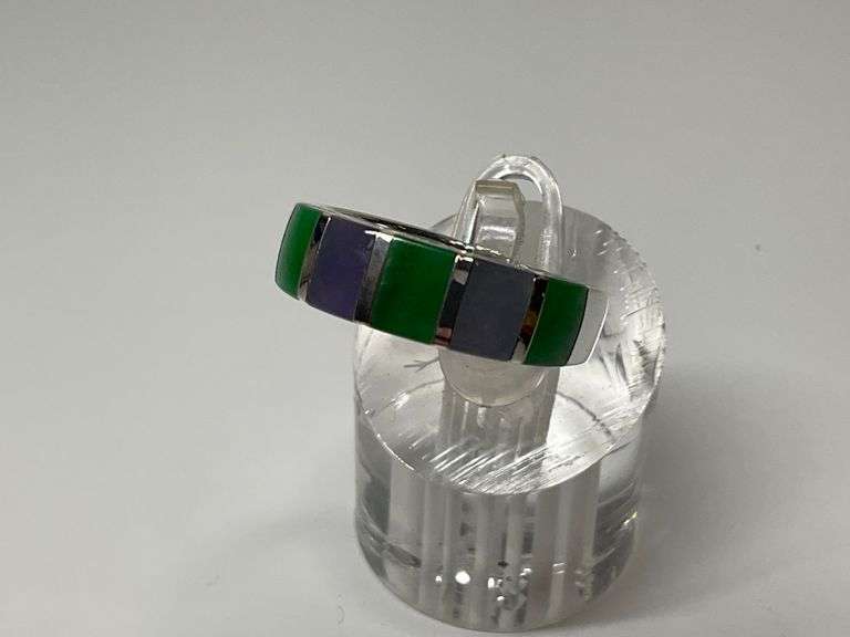 Sterling Silver Ring with Lavender and Green Jade Inlay...Size 9 image